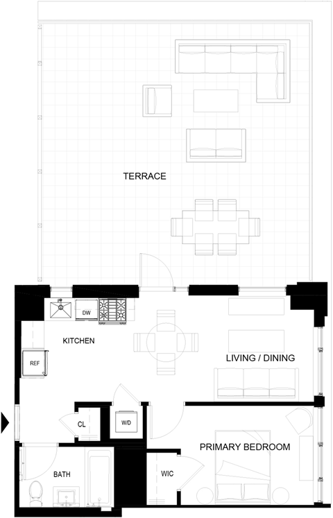 Floor plan for 1 bed, 1 bath, 493 sqft